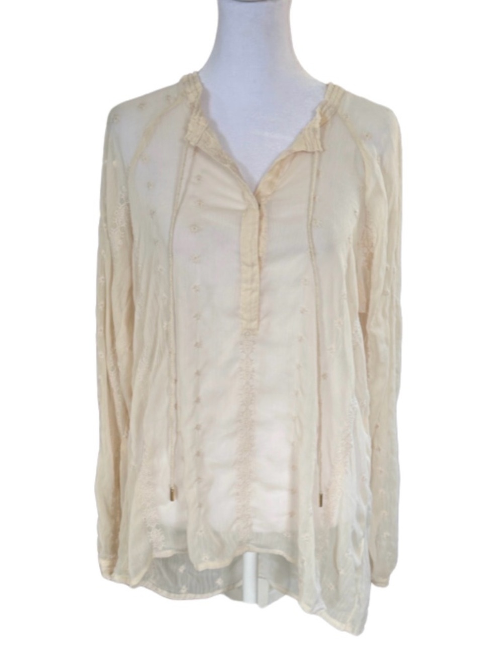 Detocracy Cream Embroidered Boho Blouse Long Sleeve Flowy Top